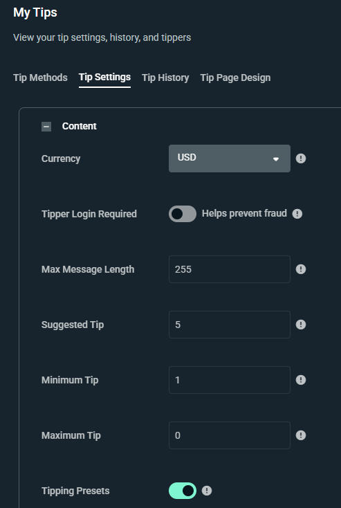 Dashboard menu panel showing options for tipping criteria.
